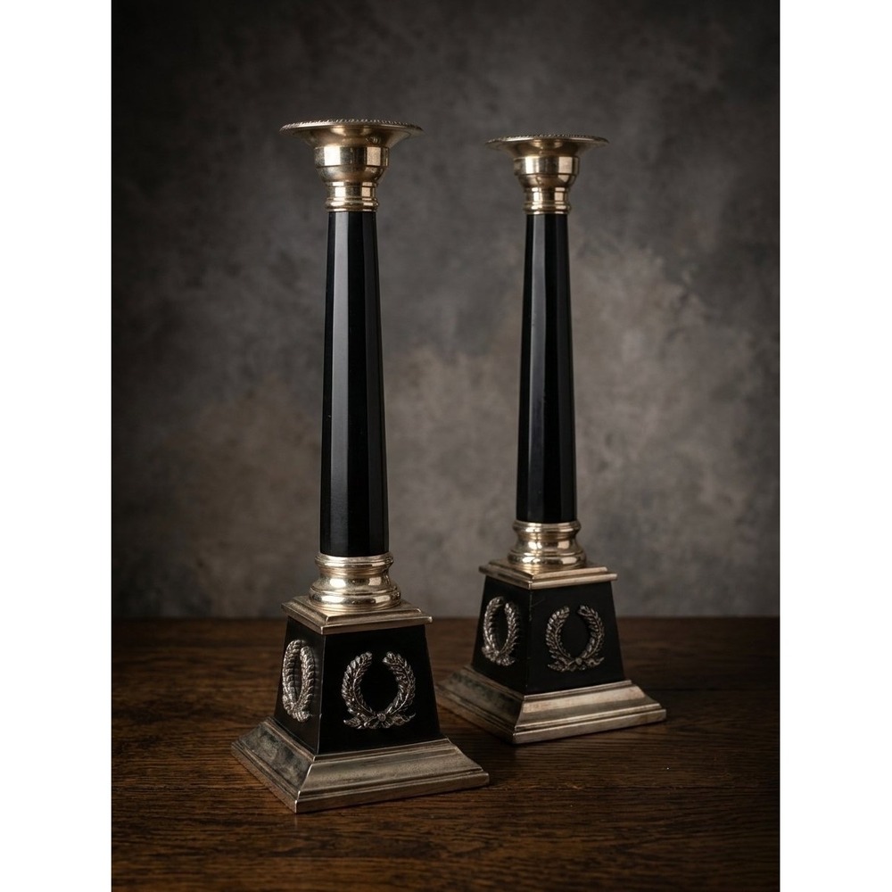 Tall 16" Bombay Co Empire Candlestick Pair Silver Black Column Candle Holders